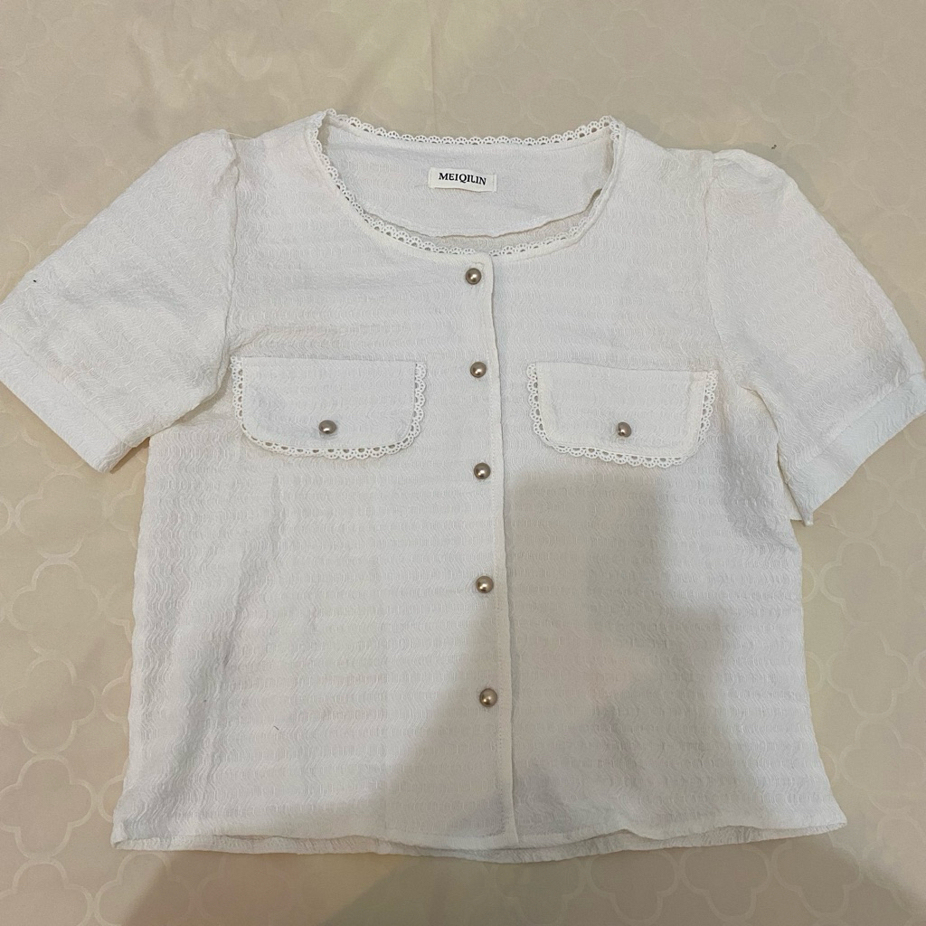 Blouse Putih Wanita Lace Pearl MEIQUIN Korean Style Feminime Atasan White NEW