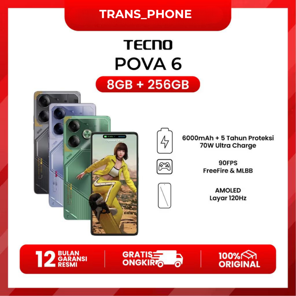 Tecno Pova 6 12/256GB /8/256GB 6000mAh AMOLED-108MP Garansi resmi 1 tahun