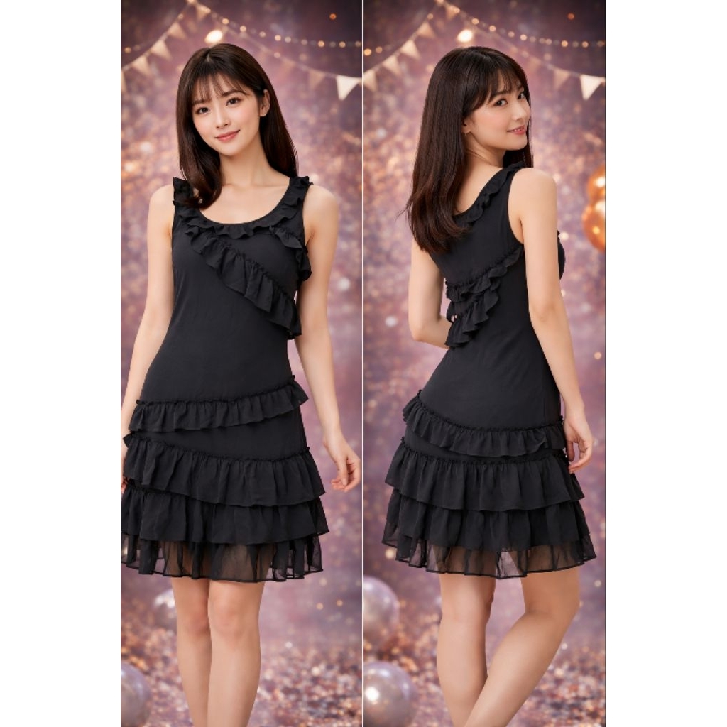 Gaun Wanita Hitam Ruffle Mini Dress Elegant Casual Korea Style
