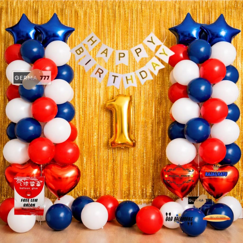 Set Dekorasi Pesta Ulang Tahun Anak Banner Happy Birthday Balon Mix 3 Warna Tirai Foil Gold