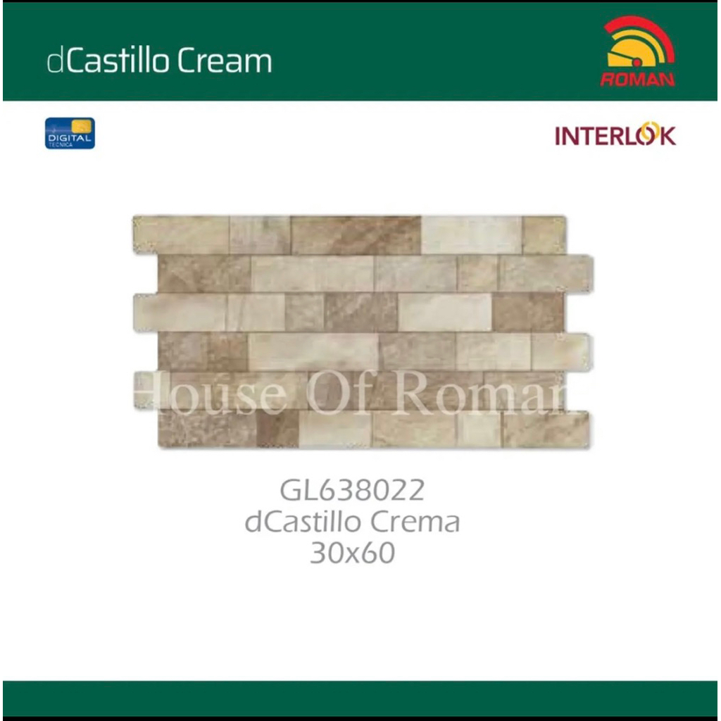 Roman Keramik Interlok dCastillo Crema 60x30/Keramik Dinding/Keramik Interlok/Keramik Motif Bata/Ker