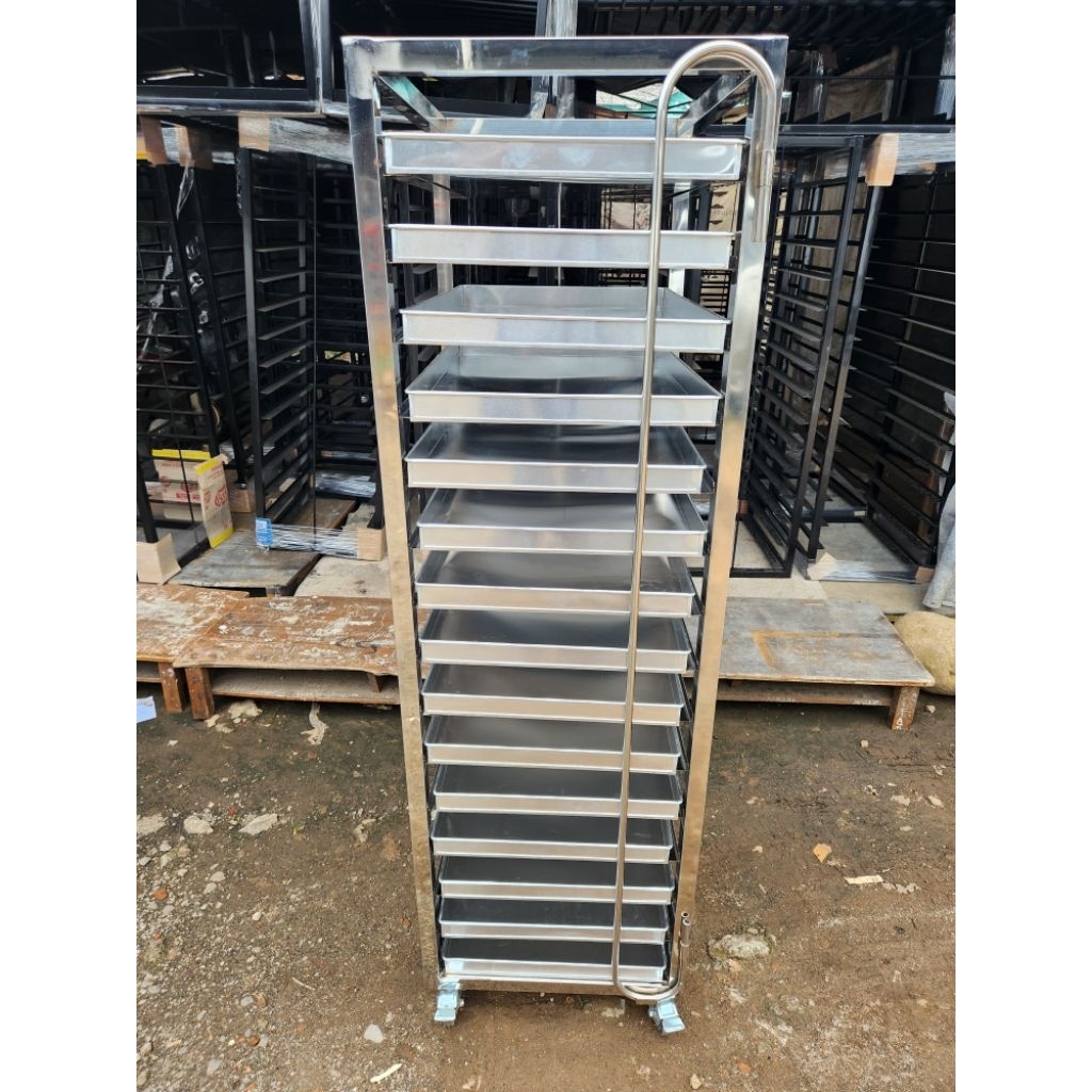 Rak troly loyang roti stainless 15 susun 40×60/trolley bakey stainless/rak troly bakery stainless st