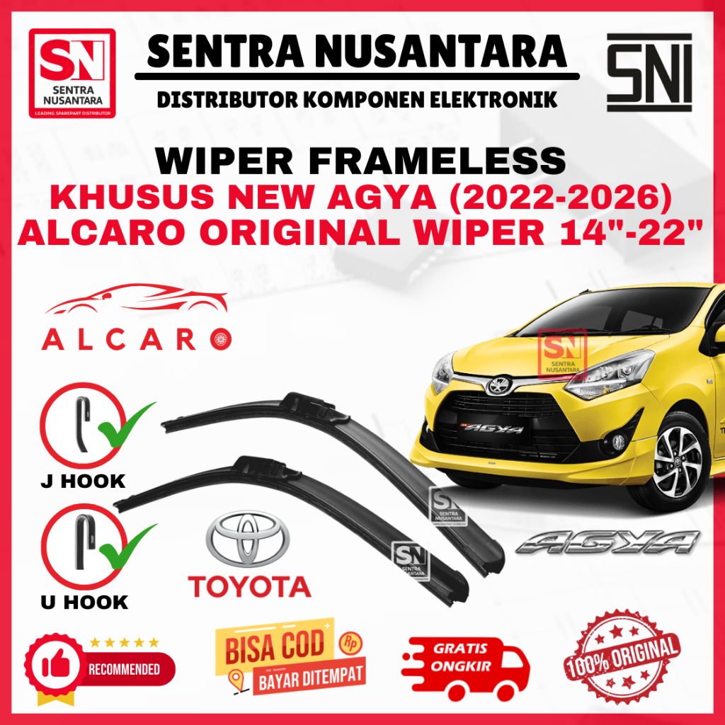 Wiper Mobil New Agya (2022-2026) Merk ALCARO ORIGINAL | Wiper Kaca Mobil Toyota New Agya Model Frame