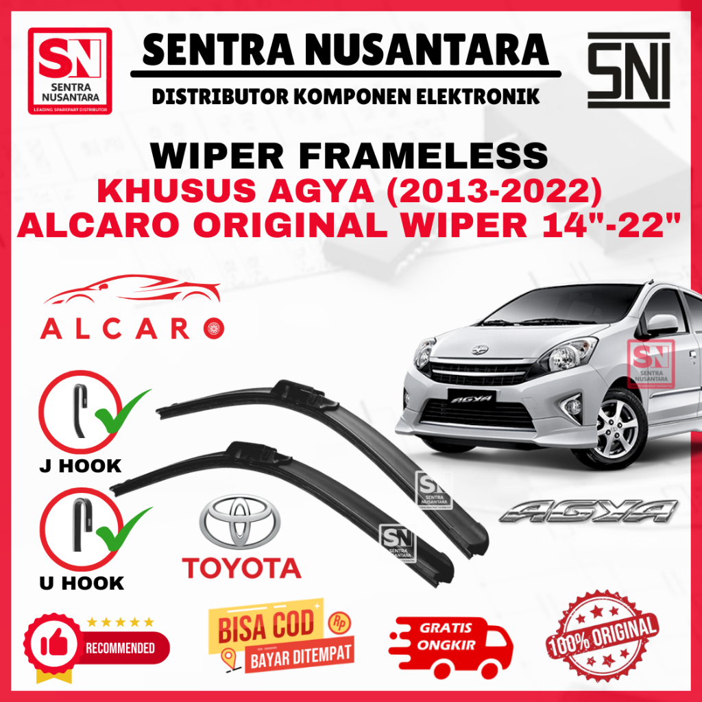 Wiper Mobil Agya (2013-2022) Merk ALCARO ORIGINAL | Wiper Kaca Mobil Toyota Agya Model Frameless Pre