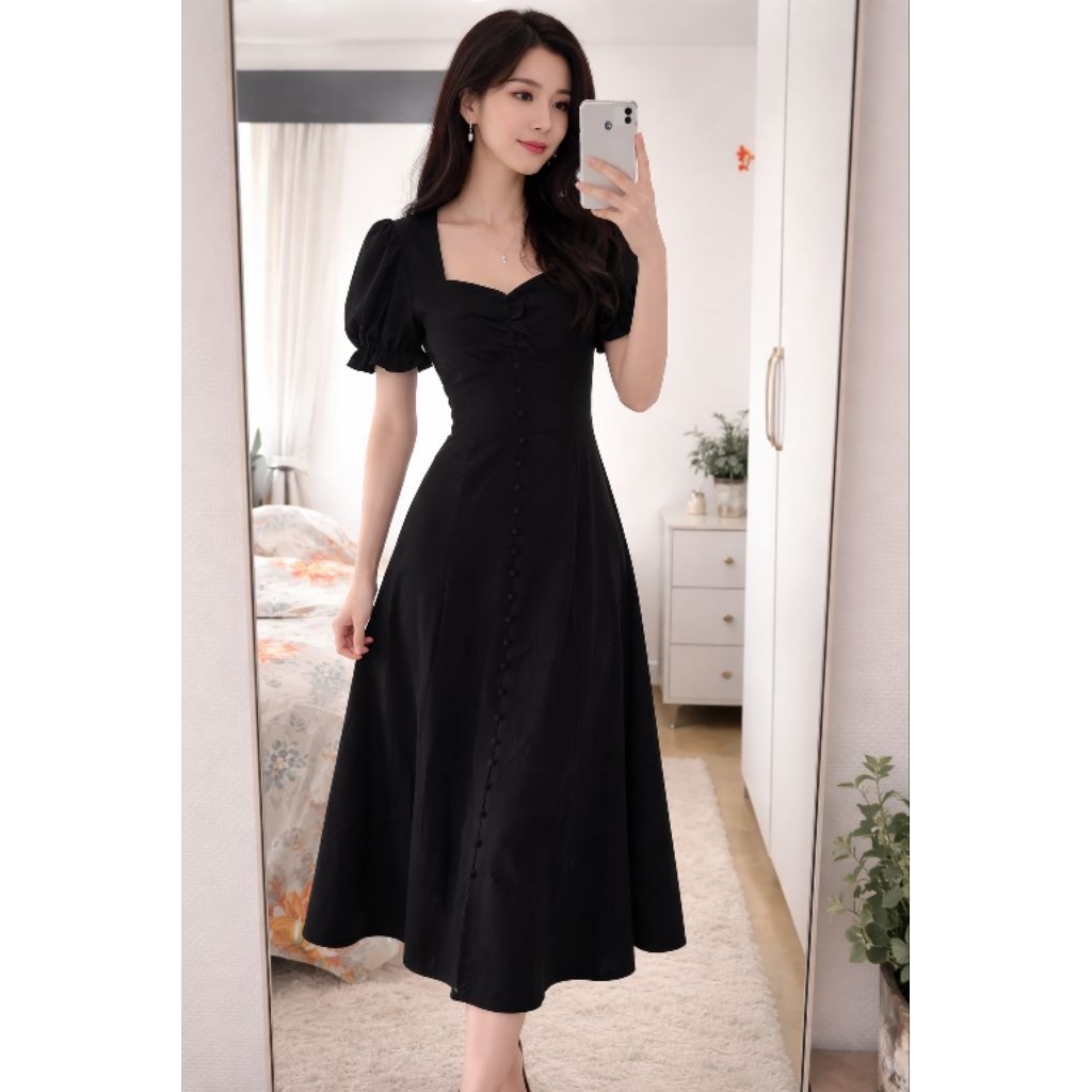 Dress Elegant Party Black Lisa Dress Hitam Lengan Pendek Korea Style Import
