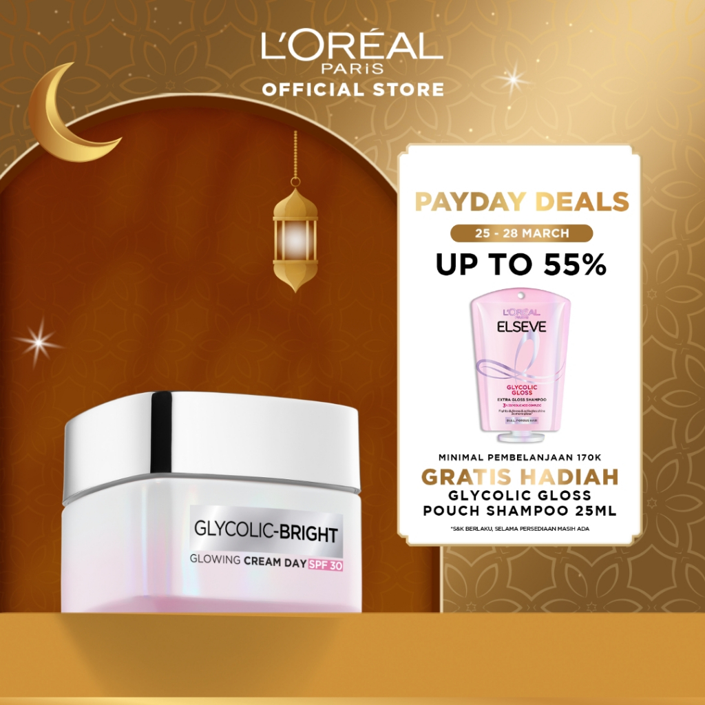 L'Oreal Paris Glycolic Bright Glowing Day Cream SPF 17/30 - 15/50ml (Krim Siang  Pelembab Loreal Gly