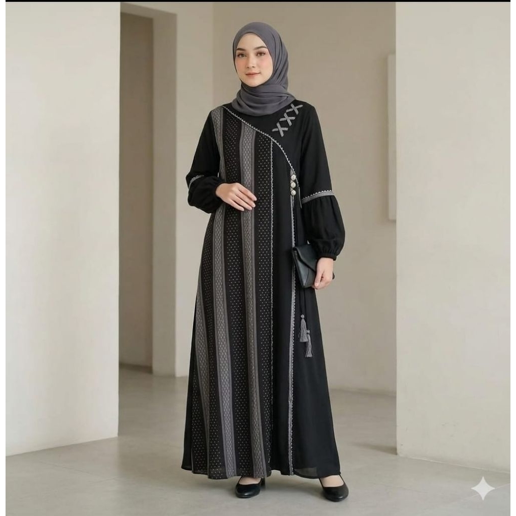 GAMIS ABAYA ARAB JETBLACK MOTIF ETNIK