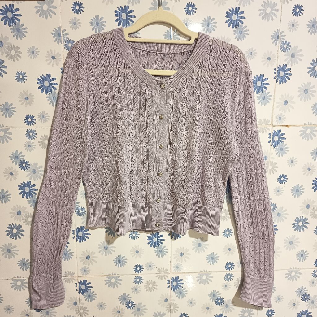 (Harga 65rb) Cardigan Rajut Jaring Lilac Swaroski Button Kancing Diamond Berlian O-Neck O-Neck |Uniq