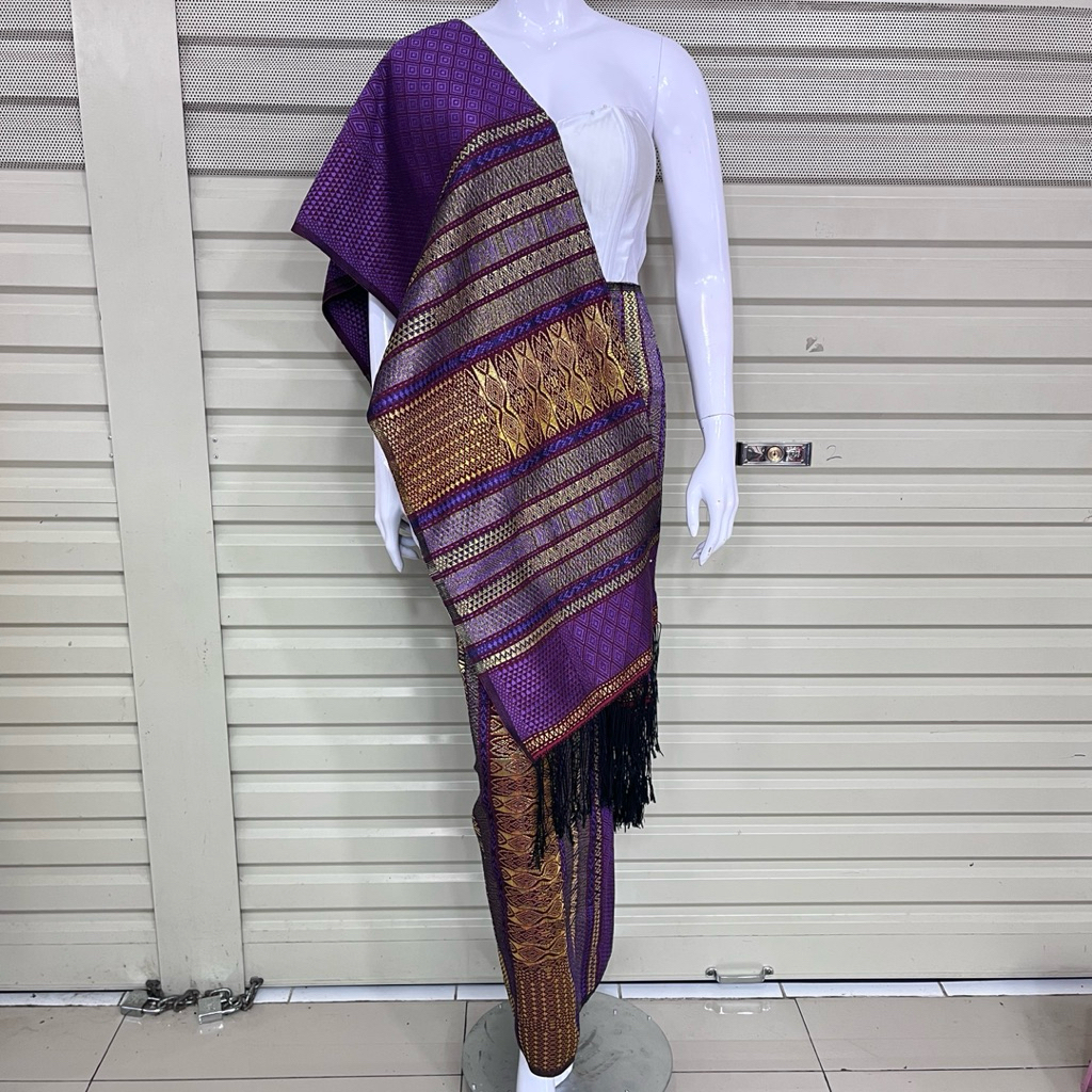 Set Songket Tumtuman + Selendang Warna Ungu Tumpal Cokelat