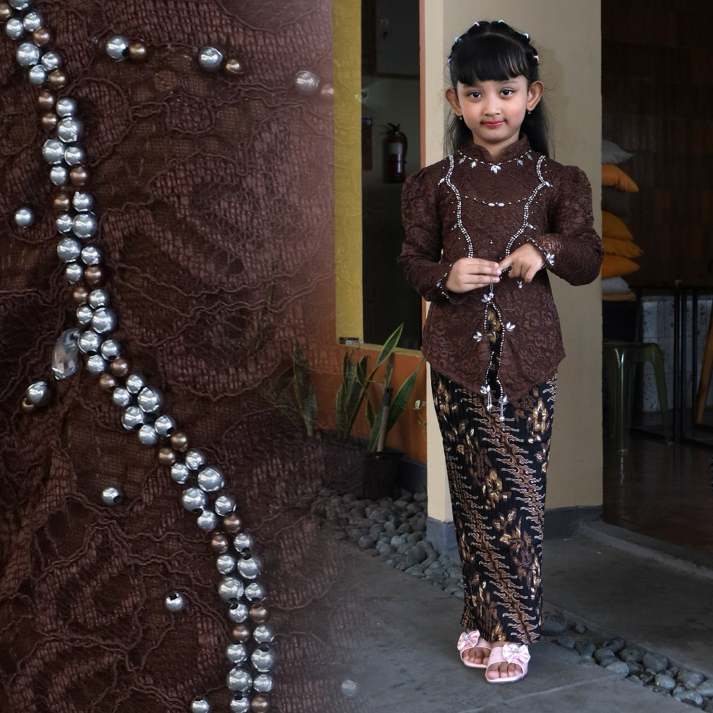 Setelan Dan Atasan Kebaya Anak Carisa Brukat  Usia 5-12  Tahun Mix Payet Mutiara Wisuda  Kartini  Ko