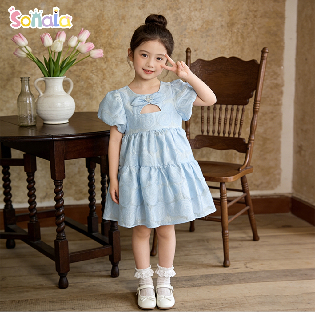 Gaun Lengan Puff Anak Perempuan 2-7 Tahun Gaun Putri Biru Putih Mode Cetak Canggih