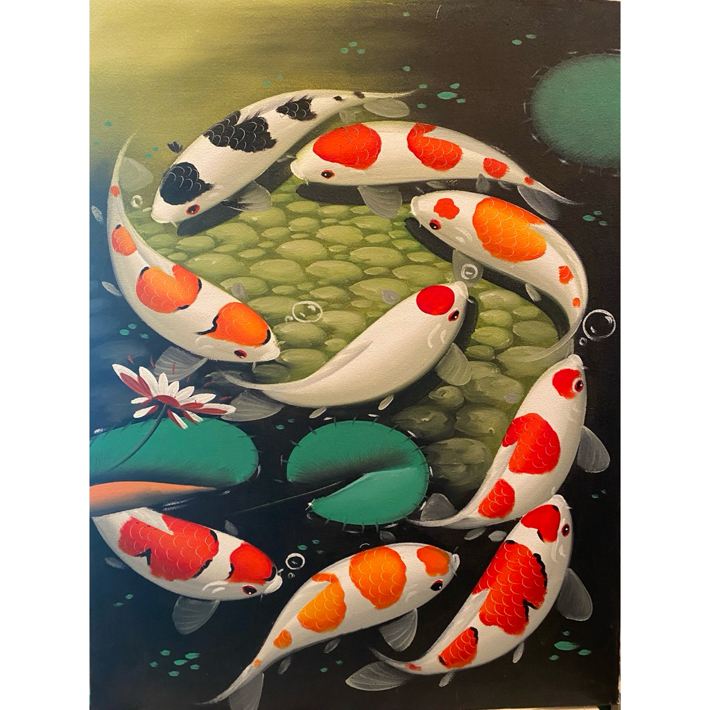 lukisan Canvas Ikan Koi 9, Feng shui, Lukisan Buatan Tangan