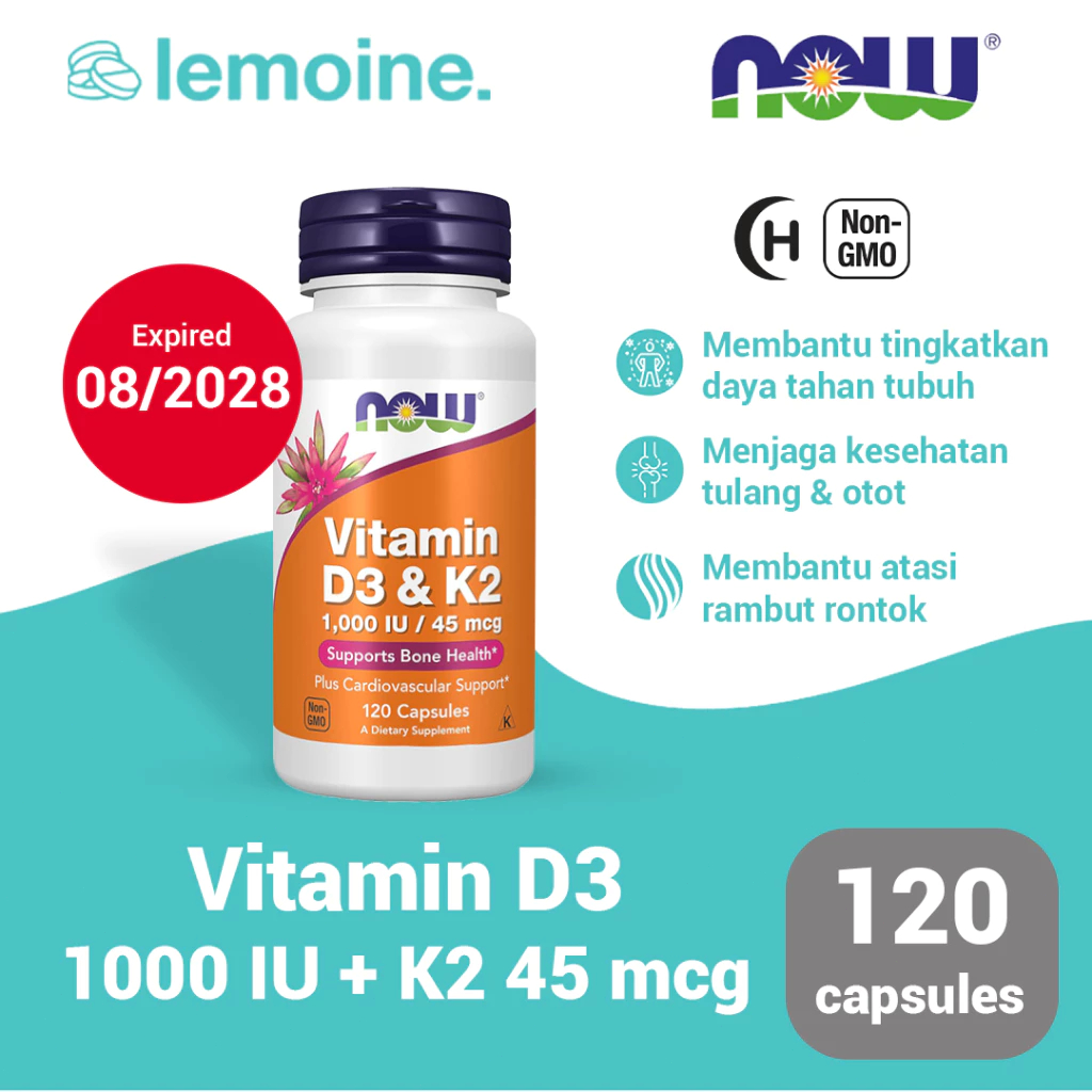 Now Vitamin D3 1000 dan K2 45mcg Vitamin D3 K2 Imunitas Tubuh Inflamasi Tulang dan Gigi 120 Kapsul