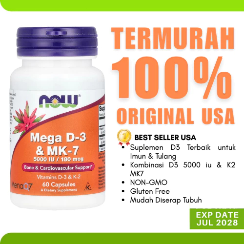 Suplemen Vitamin Mega D3 D 3 dan MK7 MK 7 5000iu 180mcg 60 Capsules - D3 5000 IU + K2