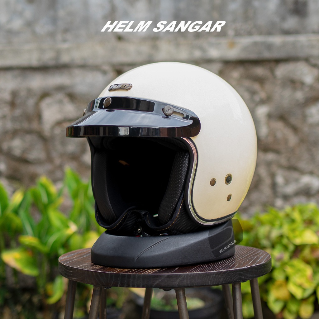 HELM NJS SOLID ORIGINAL 100% - Helm Retro Half Face SNI - Size M L XL CREAM