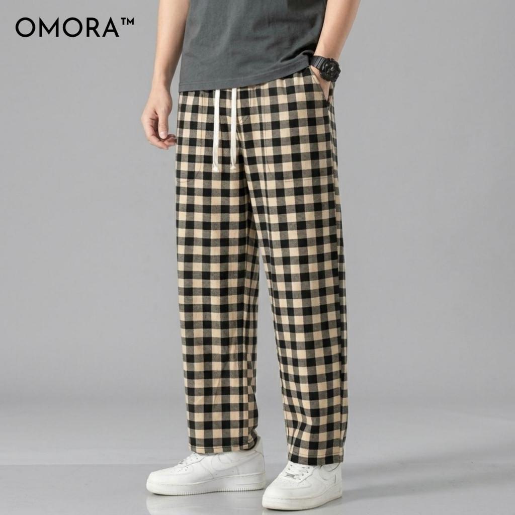 [OMORA] Celana Tartan Kotak-Kotak Pria Wanita Flanel Panjang Baggy Gombrong Oversize Joger Korean St