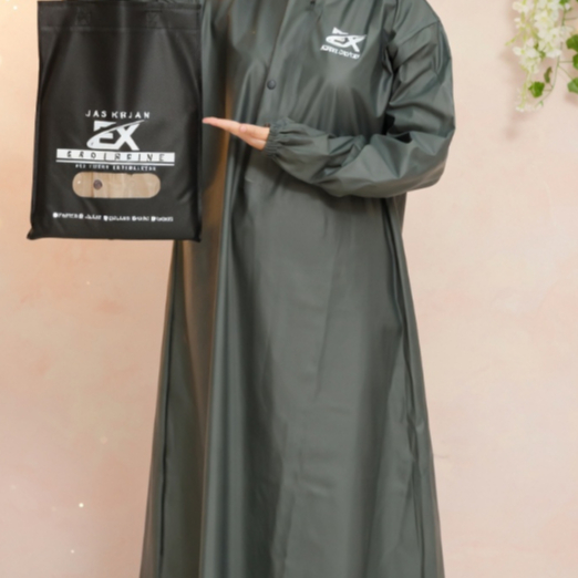 Jas Hujan Gamis Wanita XXL Jumbo PVC Jahit Press – Anti Rembes Raincoat Muslimah Panjang Warna Army