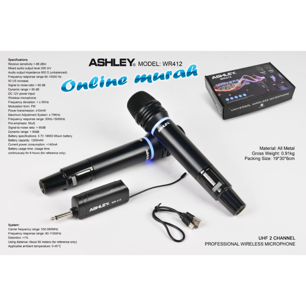 mic wireless ashley wr412 / wr 412 2 buah mic wireless charger original