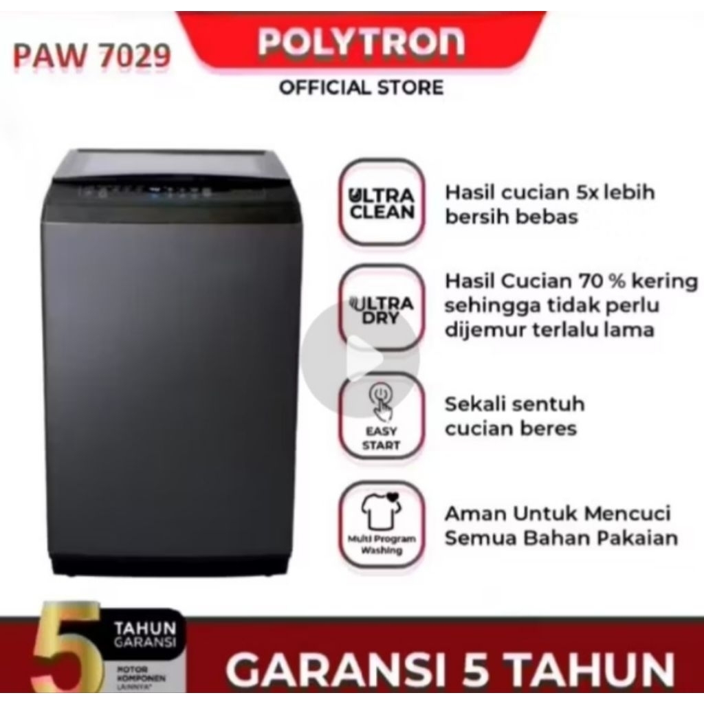 Mesin cuci otomatis POLYTRON New Zeromatic 7Kg PAW 7029