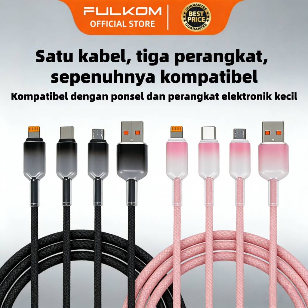 FULKOM FK603 Kabel Data 3 in 1 Anyaman Premium - Fast Charging  Phone Lightning/Type-C/Micro USB