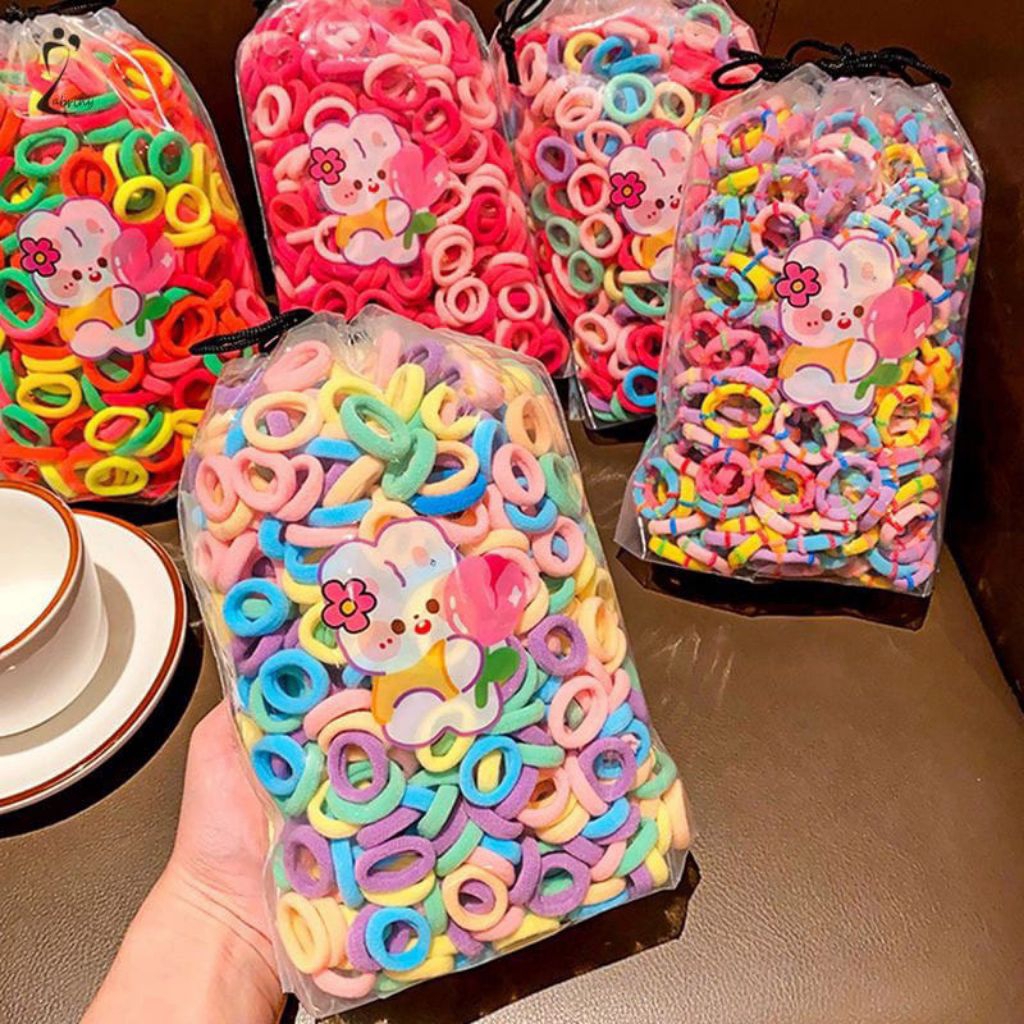 Ikat Rambut Isi 200 Pcs - Kunciran Rambut Anak - Tali Rambut Elastis Model Donat Mini Warna Warni
