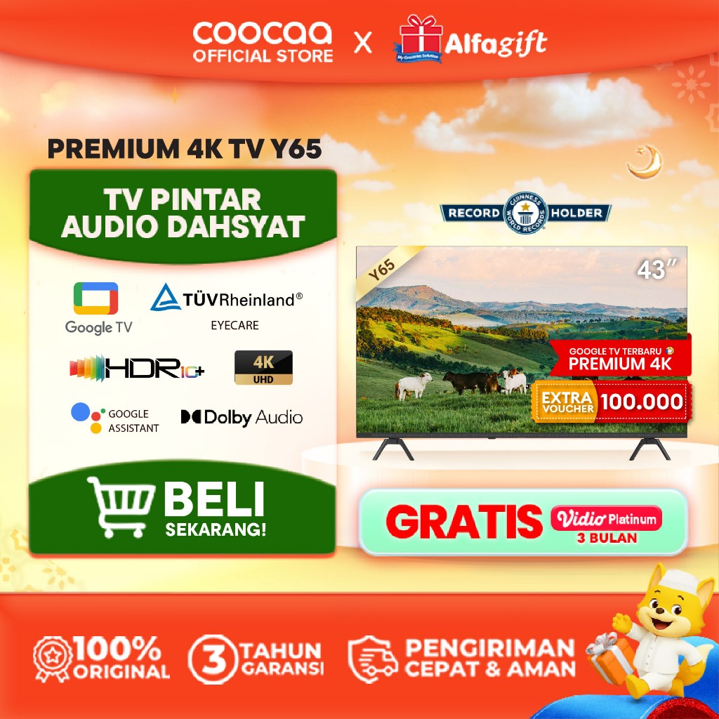 NEW COOCAA TV 43 inch Y65 - 4K GOOGLE TV  - Dolby Audio - Eye Care - HDR10 - Find Remote - (COOCAA 4