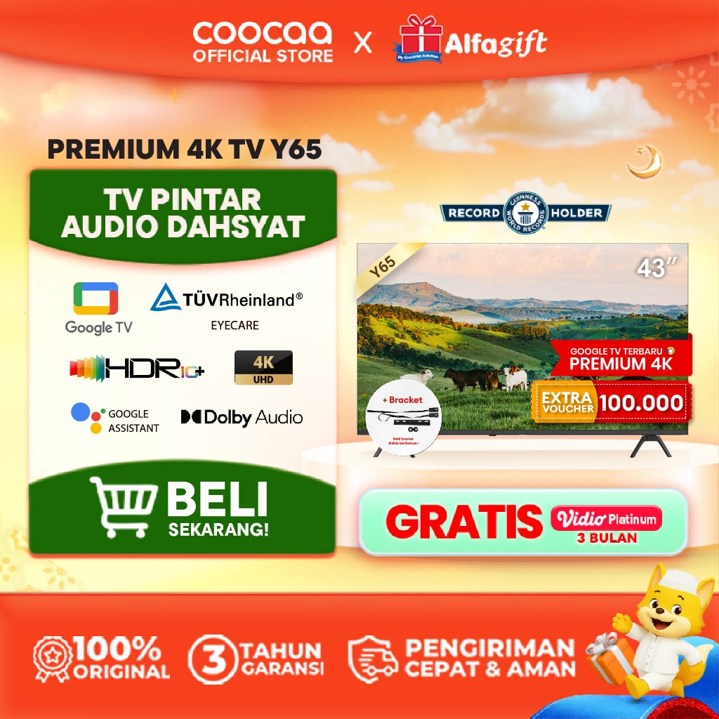 [BRACKET+] NEW COOCAA TV 43 inch Y65 - 4K GOOGLE TV  - Dolby Audio - Eye Care - HDR10 - Find Remote 