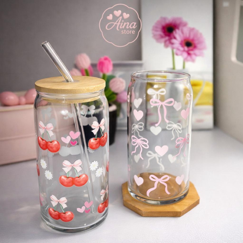 Ainacup - Gelas Aesthetic 500ml Gelas Coquette Kaca Gelas Minum Gelas Aesthetic Gelas Minum Kaca Gel