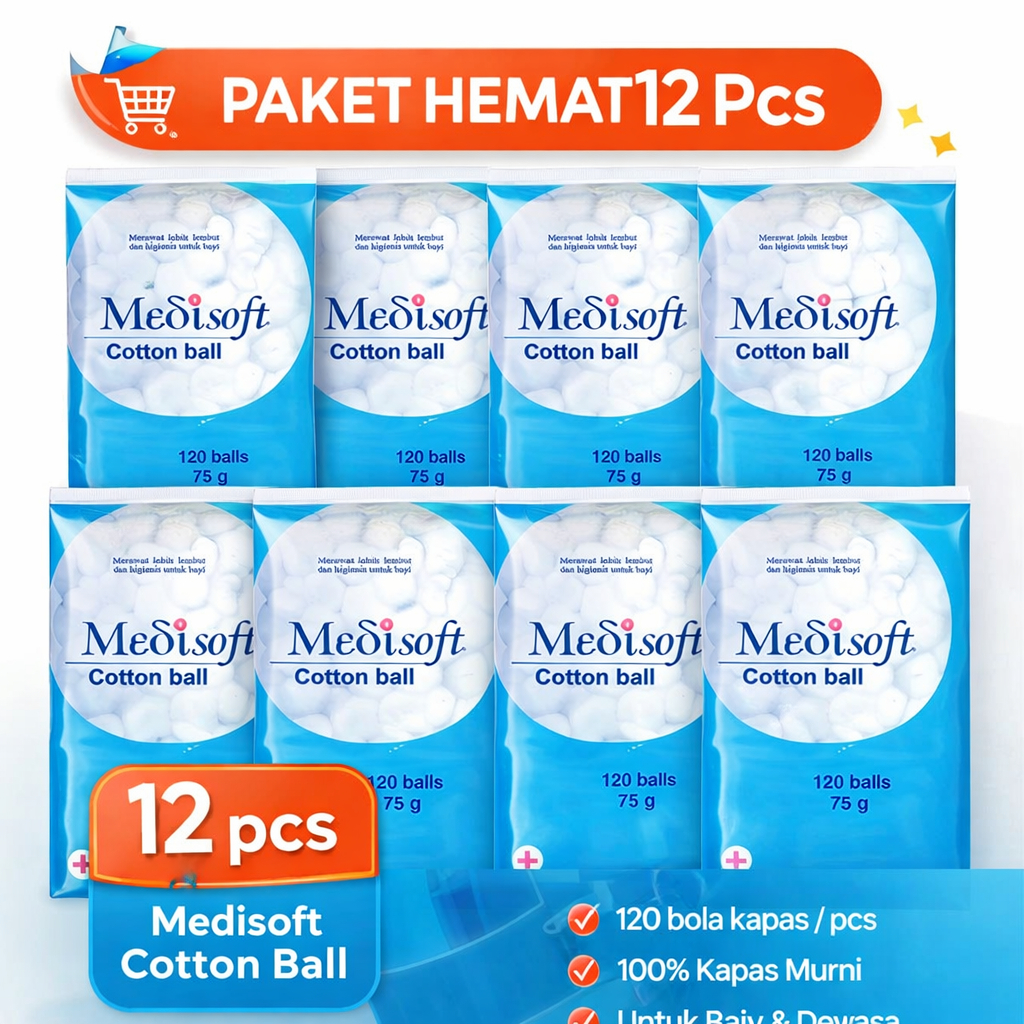 [PER LUSIN] Medisoft Cotton Ball Isi 120 Ball - Kapas Bulat Bayi Isi 12 Pack Grosir Murah