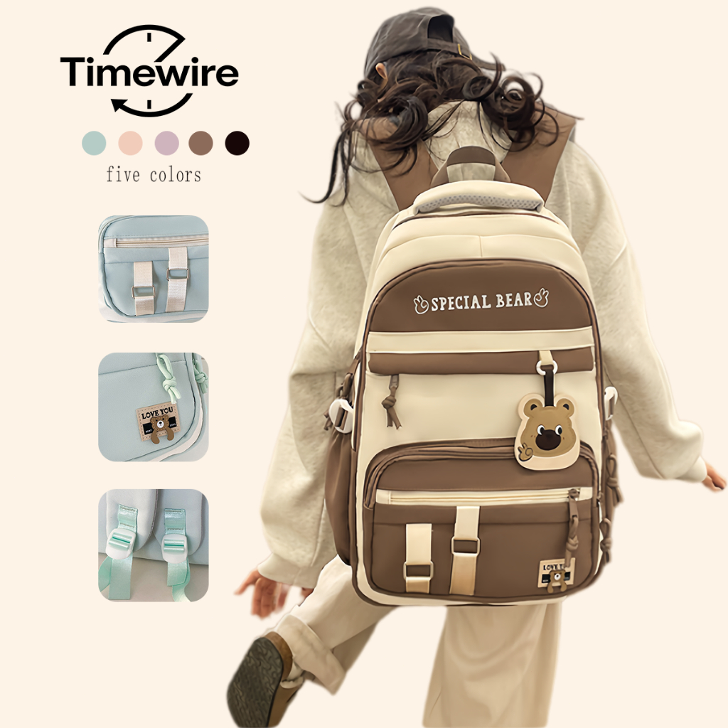 Timewire-Tas Ransel Cewek Estetik Korean Style Waterproof Laptop Muat Banyak Tas Sekolah Modern