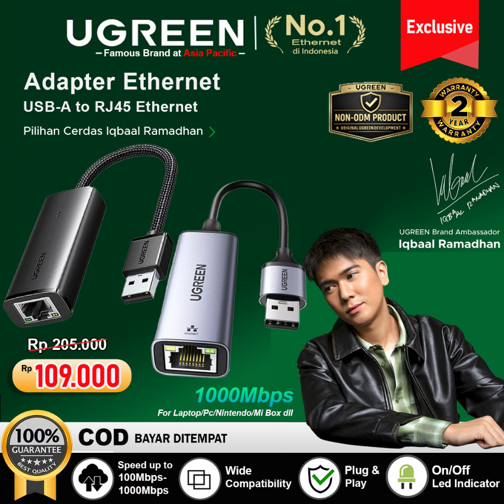 UGREEN Adapter USB to Lan RJ45 Ethernet Network Speed 100Mbps 1000Mbps
