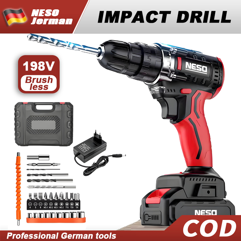 Neso Alat Jerman 3in1 Cordless Mesin Bor 198VF Listrik Bor Baterai Bor Listrik Bor Tanpa kabel Mesin