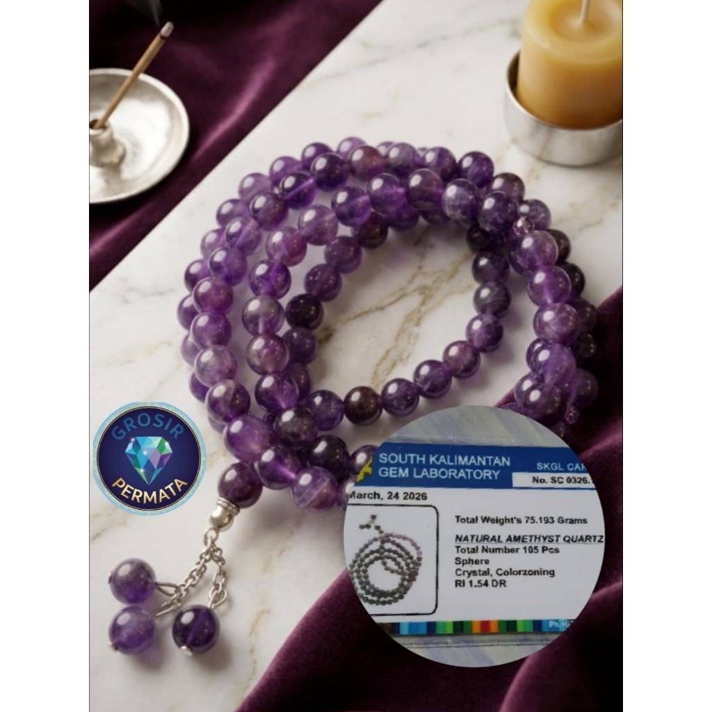 Tasbih batu kecubung asli natural bersertifikat memo