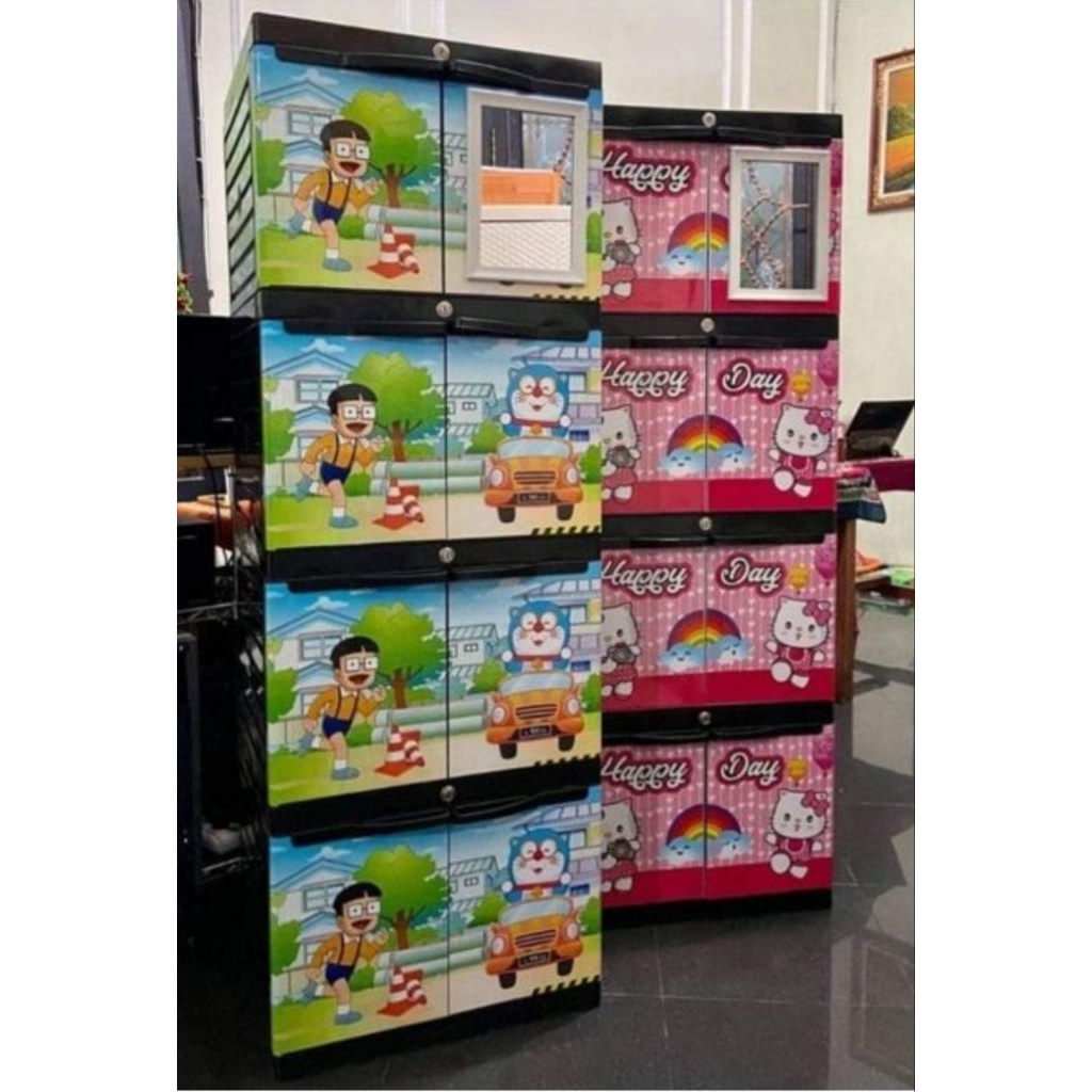 LEMARI PLASTIK 4 SUSUN KARAKTER LEMARI PAKAIAN SERBAGUNA ISI KACA KUNCI