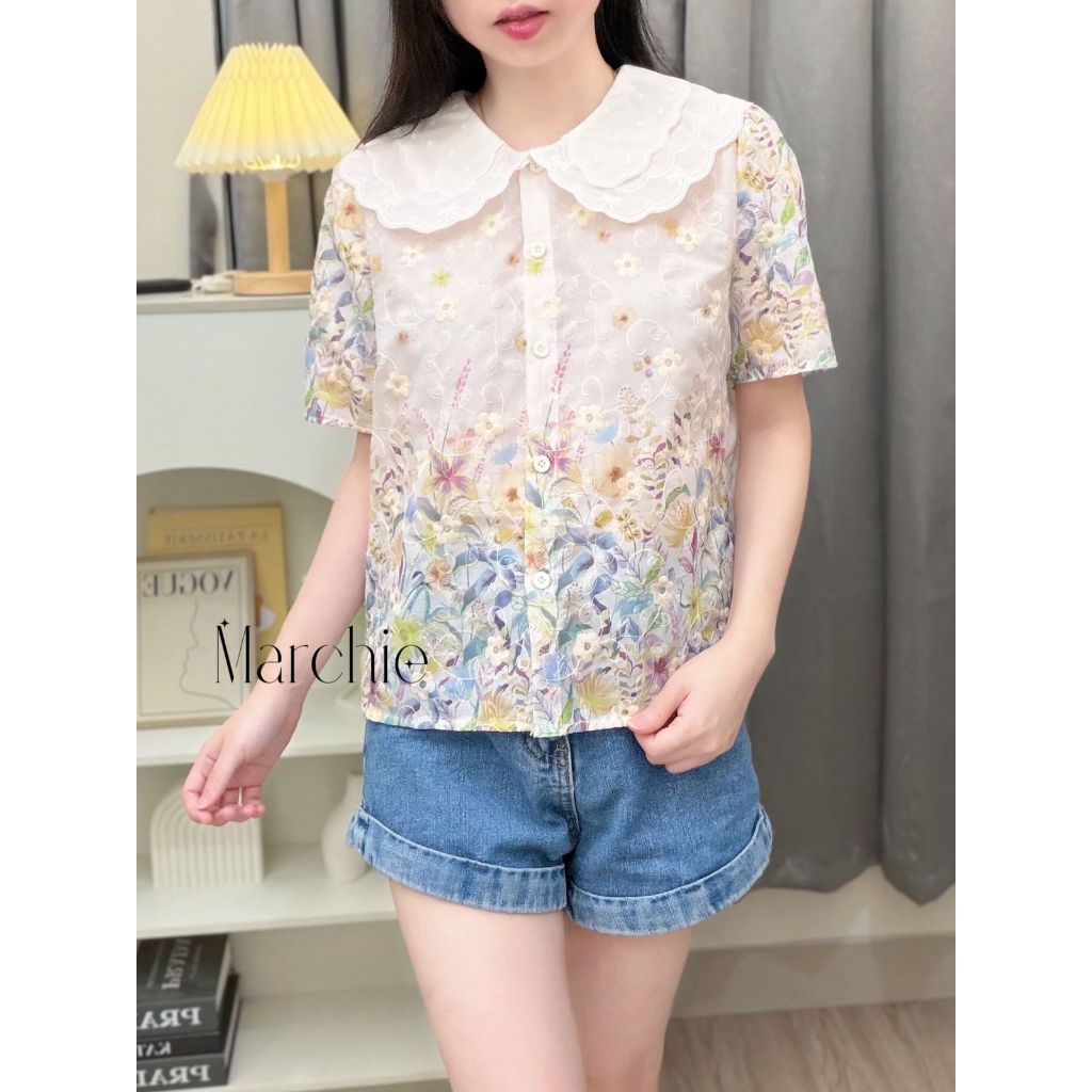 [MARCHIE] READY STOCK BANGKOK - Yuna Top / Atasan Wanita Motif Bunga / Baju Katun Brukat Bordir Kera