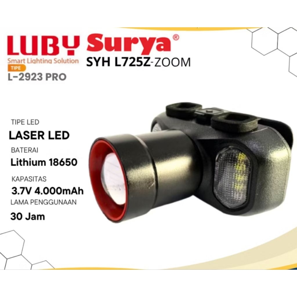 Senter Kepala Zoom Luby L2923 Pro 55W / Surya SYH L725Z 72Watt Water Resistant Cahaya Putih
