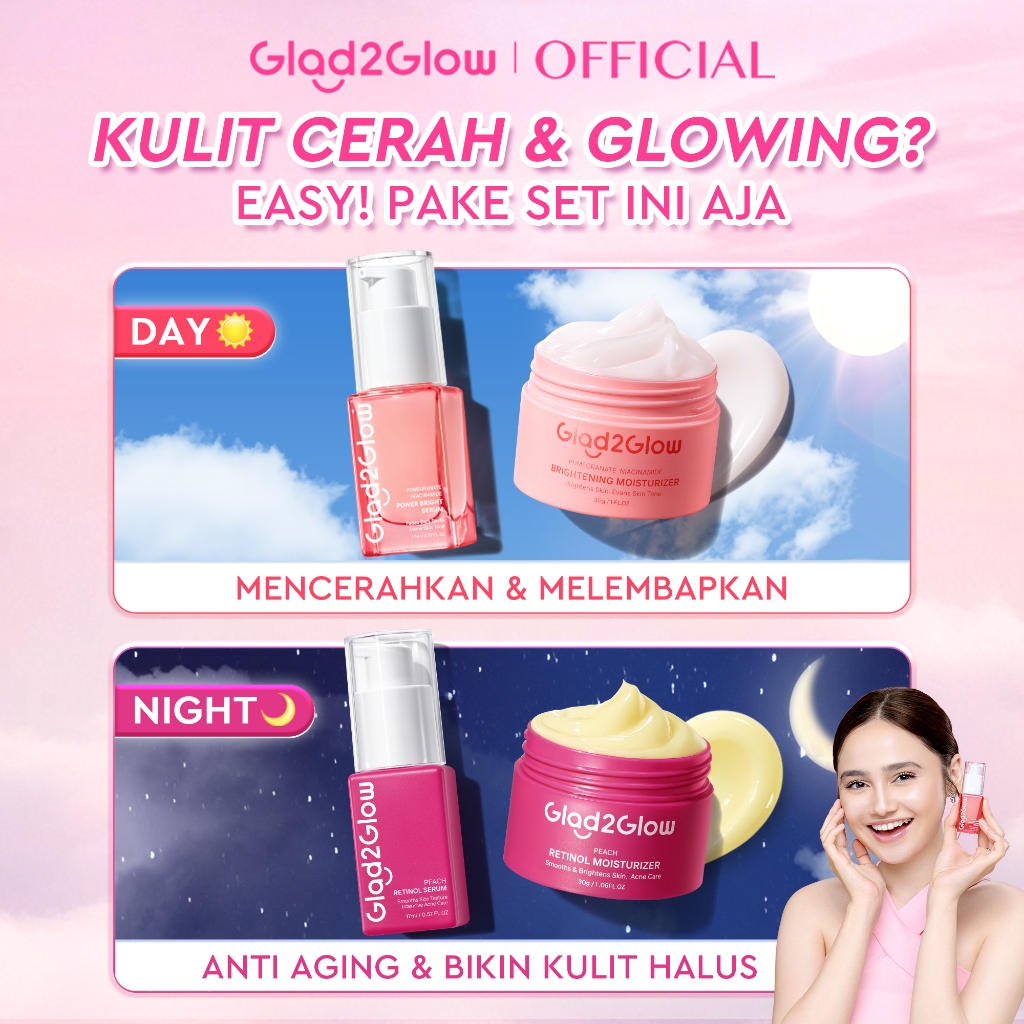 Glad2Glow Day & Night Renew Cerah Bundle 4-IN-1 Moisturizer+Serum Set Brightening 10%Niacinamide Pee