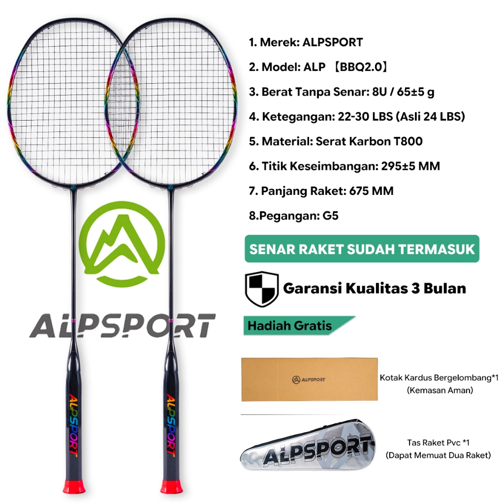 ALPSPORT BBQ2.0 Raket Bulutangkis 8U G5 30LBS Full Carbon Serat Karbon Ringan Ofensif Hitam Cincin P