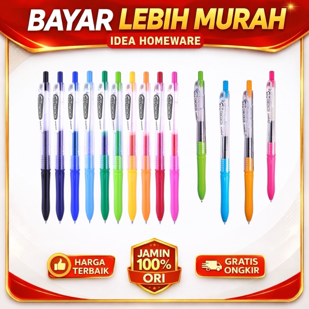 KOKORO GEL PEN PULPEN BOLPEN TINTA HITAM MERAH BIRU HIJAU KUNING ORANGE BOX LUSIN SET