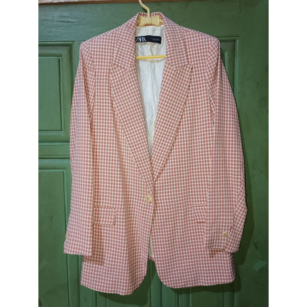 SET BLAZER ZARA TARTAN PINK PRELOVED