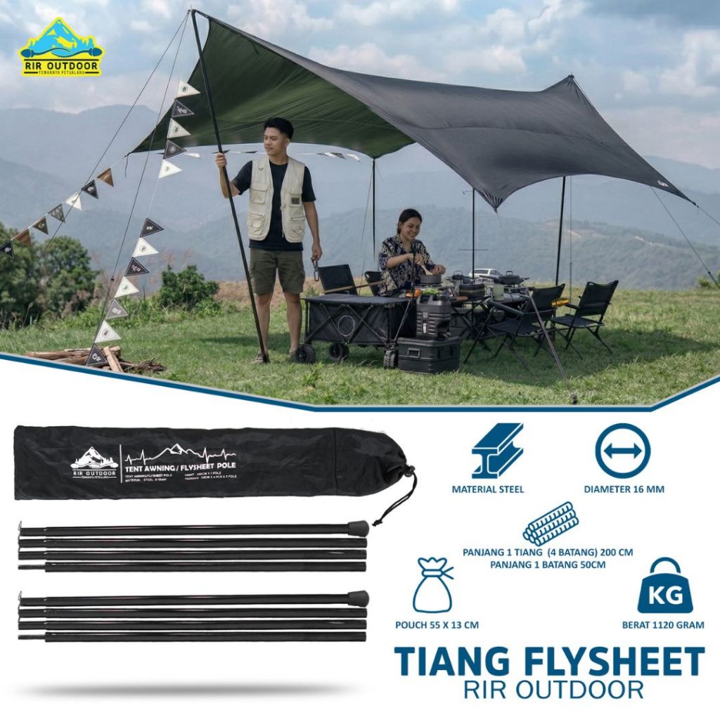 Tiang Flysheet Rir 2 X 200cm Sepasang Alumunium Steel Kokoh Dan Kuat Tiang Shelter Tenda Camping