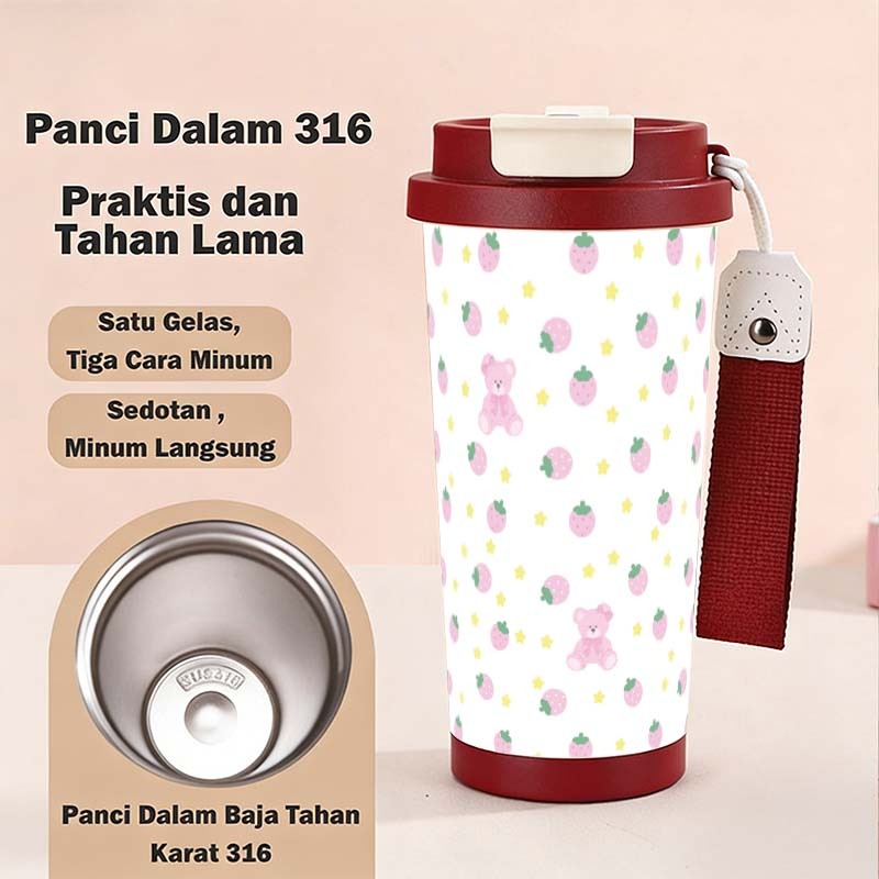 Portable Cute Strawberry Bear tumbler minum premium 500ml tahan dingin 24 jam botol stainless 316 Co