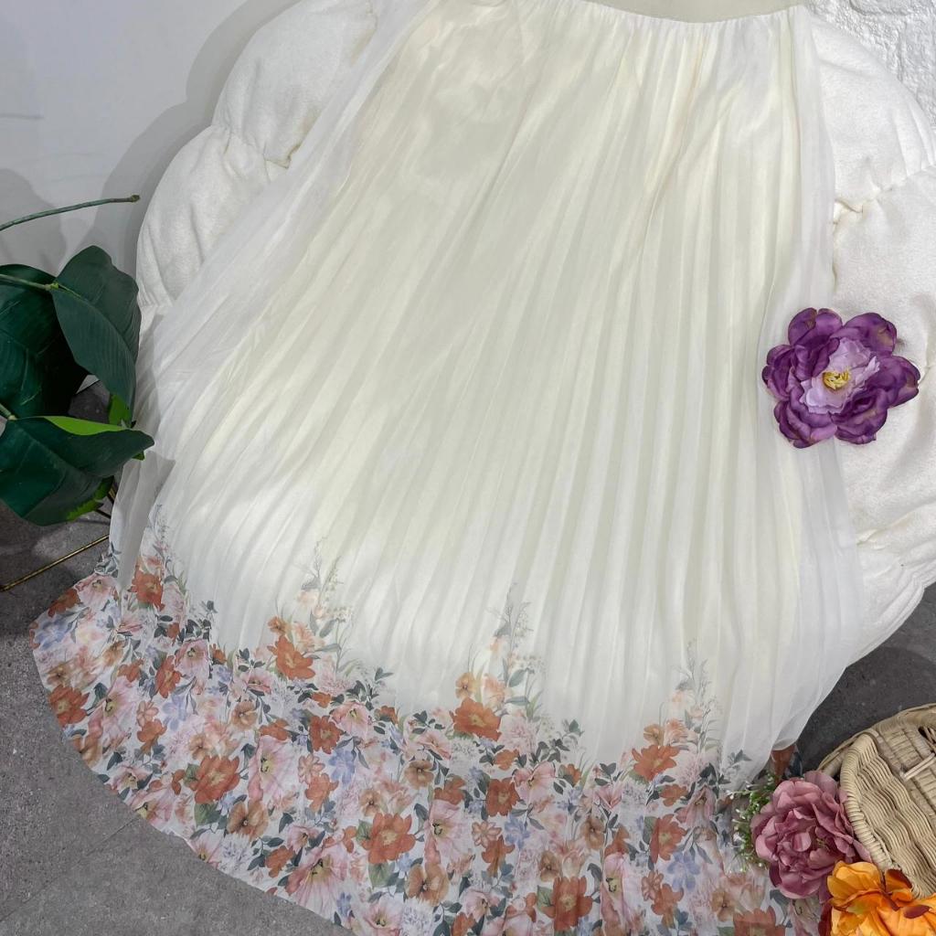 DC3190 Rok Plisket Bunga Wanita L Pinggang 110cm Panjang 97cm Pinggul 120cm Baju Elegan dengan Detai