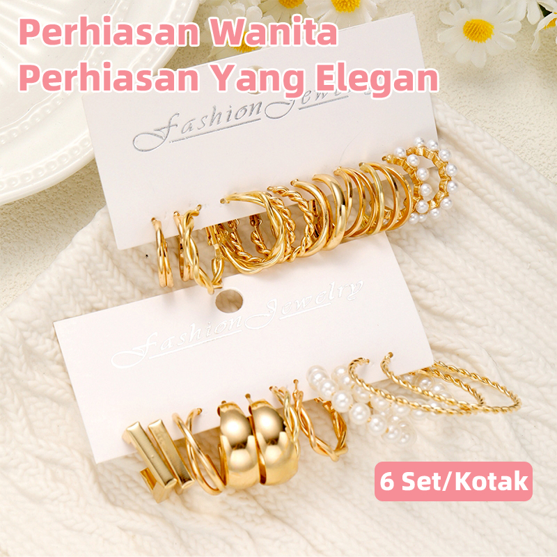 Set Anting Wanita Korea 6 Pcs Hoop Kotak Bulat Mutiara Alloy Gold Silver Aksesori Hijab dan Fashion 