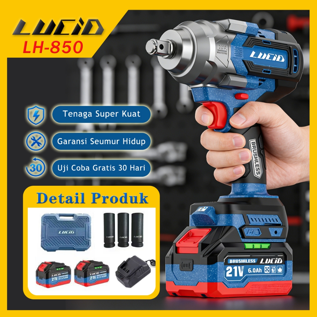 Kunci pukul cordless berat LUCID LH850 1500N.M 21V 6.0 EVE baterai (15 sel) - LH-500 Bat 2*