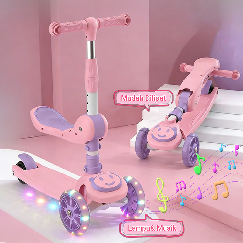 Skuter Sepeda Anak 2 in 1 Scooter Anak Skuter Injak Pedal Otoped Lipat Dilengkapi Kursi dengan Lampu