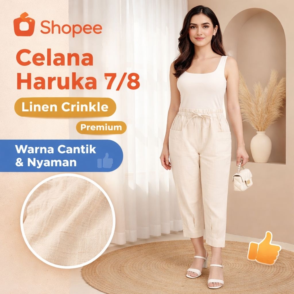 Celana 7/8 Wanita Haruka Linen Crinkle Premium Standar & Jumbo Ankle Pants Highwaist Loose Kulot Iro