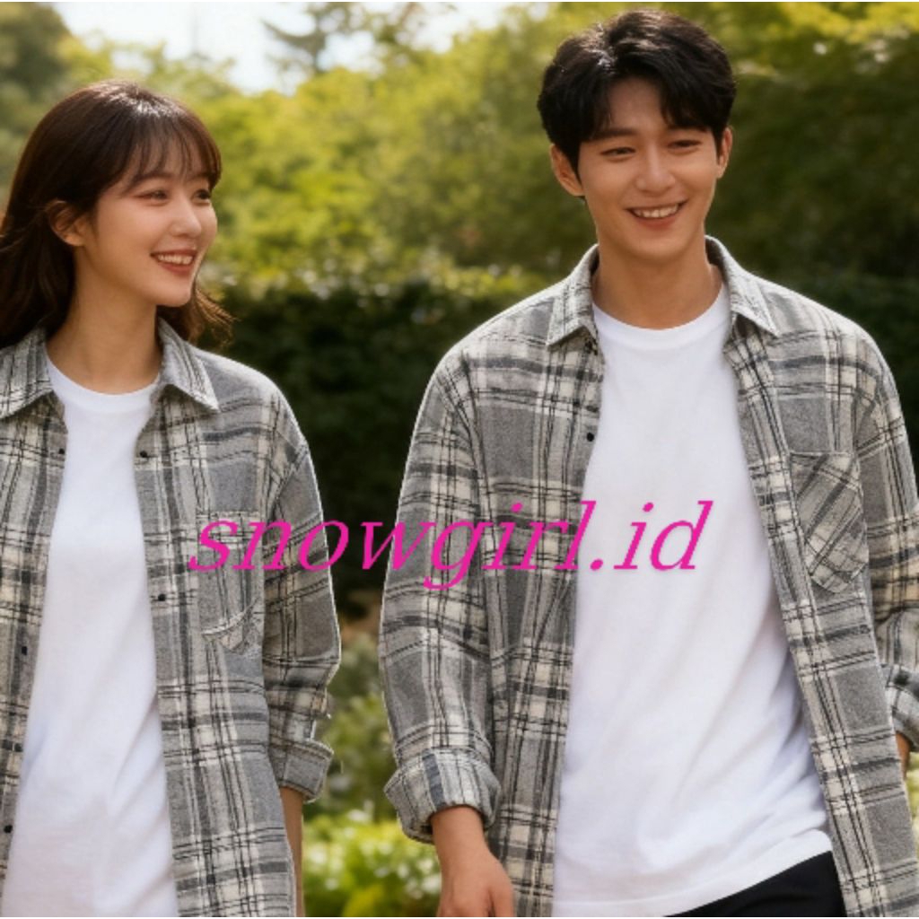 Kemeja Flanel Abu Abu Pria Wanita Lengan Panjang Kasual