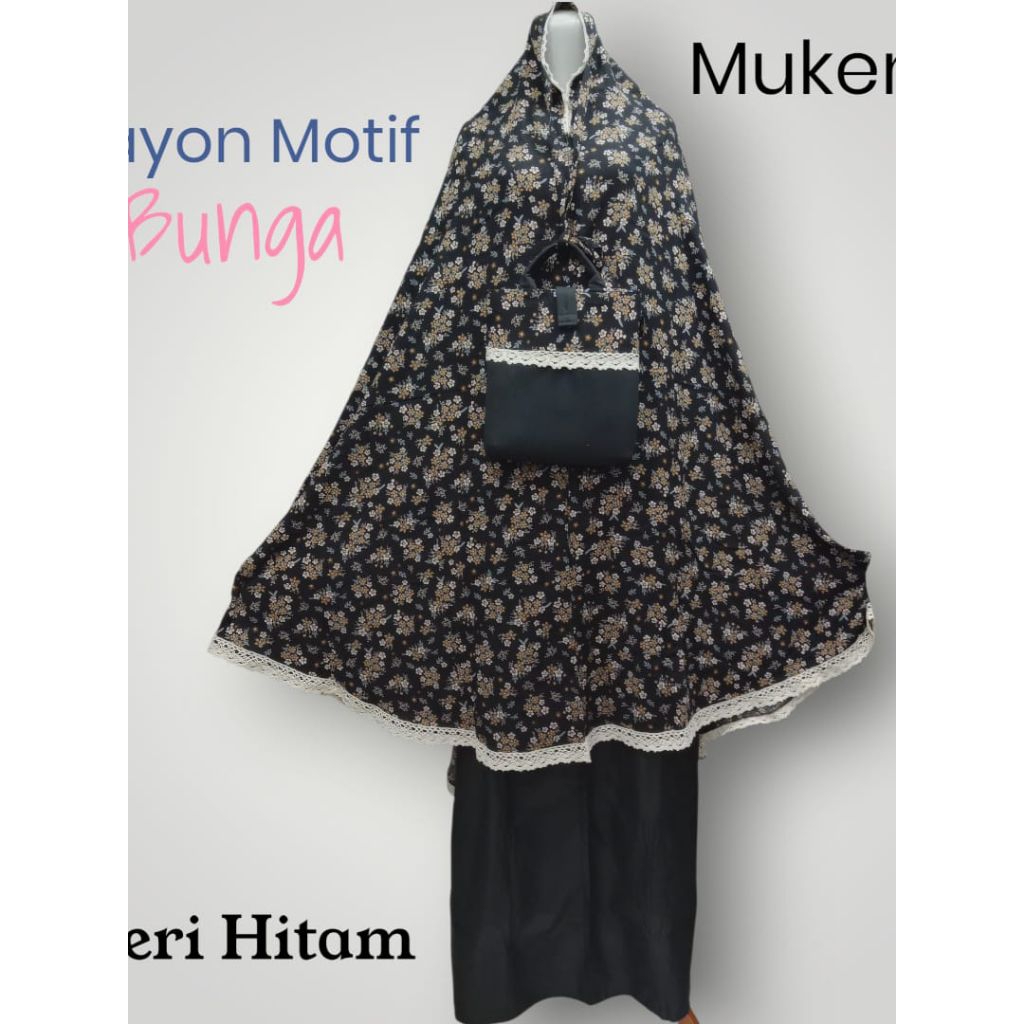 Mukena Dewasa Rayon Motif Kembang Seri Hitam