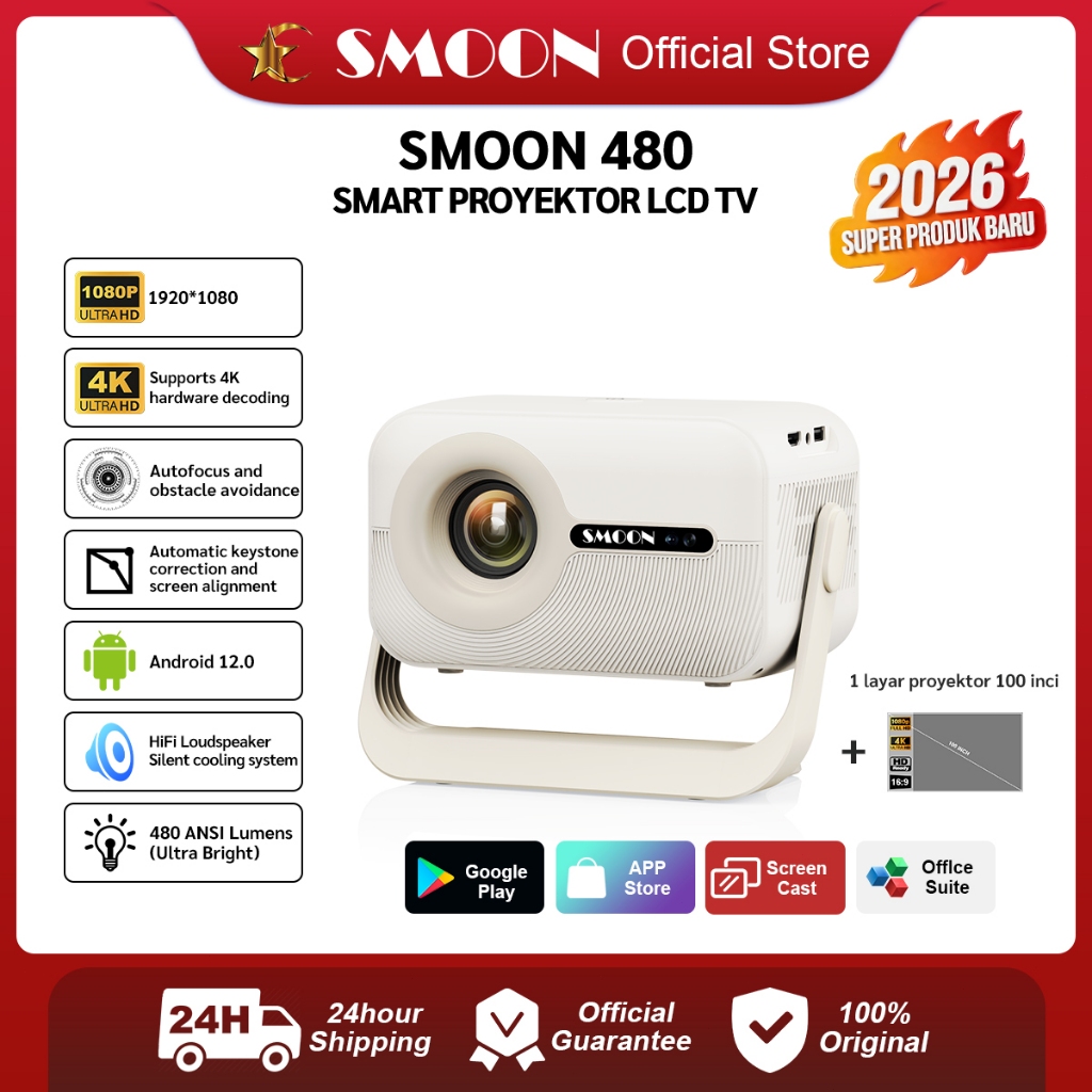 SMOON 480 New - Ultra Smart Projector LCD TV - Proyektor Pintar - 480 ANSI Lumens - TV Android - Fok